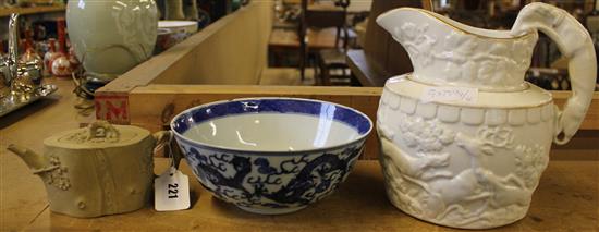 White glazed jug with dog handles, Oriental pottery, pot & b & w bowl